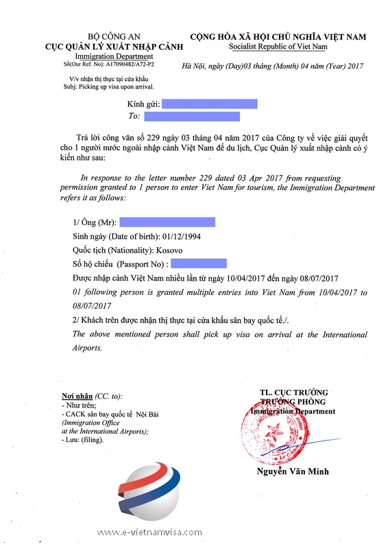 Visa approval letter for Kosovo citizens