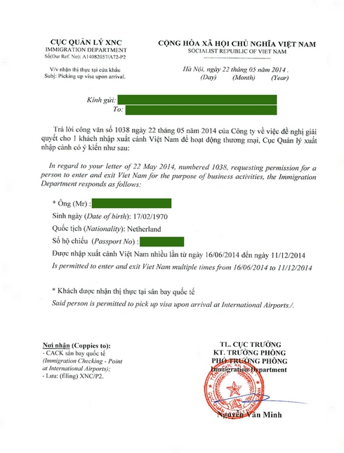 Sample of 6 months multiple entry visa approval letter by the Vietnam Immigration Department, 22 May 2014