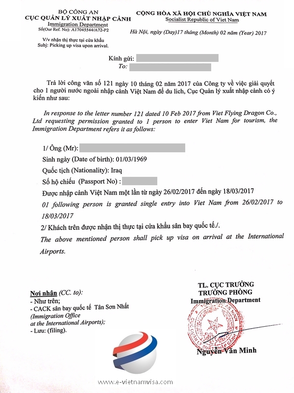 Visa approval letter for Iraqi citizens