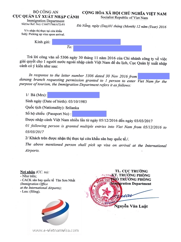 Visa approval letter for Sri Lankan citizens