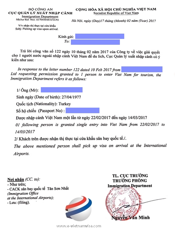 Visa approval letter for Turkish citizens